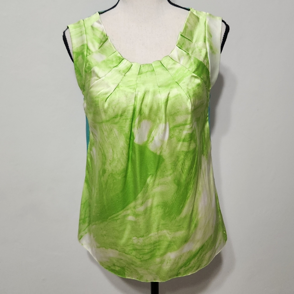 Elie Tahari Sleeveless Silk Blouse Women's Green Blue Scoop Pleats S